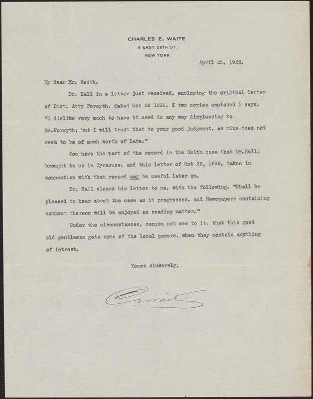 Letter from Charles E. Waite to Joseph W. Keith, Deputy District ...