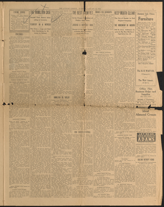 Newspaper clipping from The Auburn Citizen, "The Hamilton Case