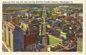 Bird's-eye view from City Hall, showing Benjamin Franklin Parkway, Philadelphia, Pa.