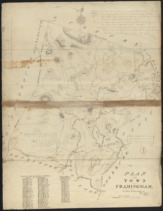 Plan of Framingham made by Jonas Clayes and Warren Nixon, dated 1831