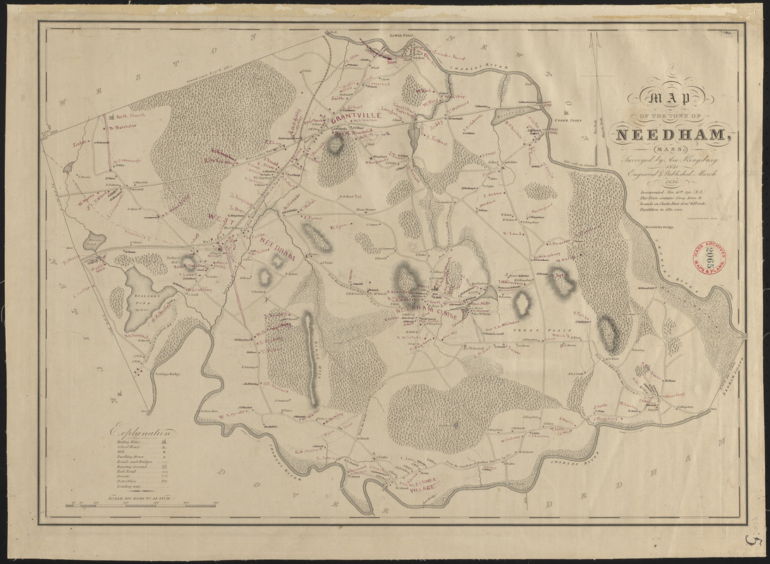 Plan of Needham made by Asa Kingsbury, dated 1831