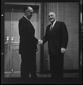 Judge Henry L. Murphy congratulating his brother, E. Thomas Murphy, on his reelection as a selectman, March 1962.