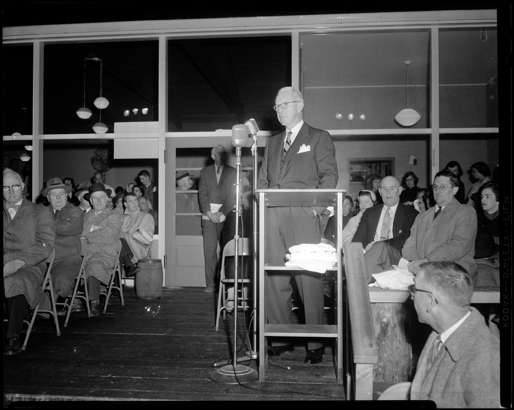Joseph P. Kennedy Memorial Skating Center, Hyannis, opening. Joseph P. Kennedy Sr. speaking to audience.