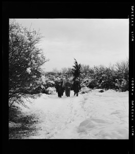 Group of five unidentified women and children in snow