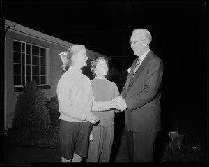 Joseph P. Kennedy Memorial Skating Center, Hyannis, opening. Joseph P. Kennedy Sr. with Jan Carpenter, Saunie Chase