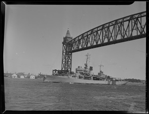 Ship passing under RR Bridge, Cape Cod Canal