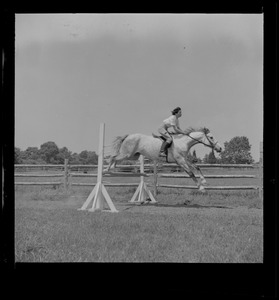 Unidentified woman on horse jumping obstacle