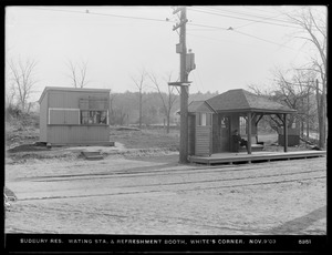 Sudbury Reservoir, waiting room and refreshment booth at White's Corner, intersection of Turnpike Road (Route 9), White Bagley Road, Breakneck Hill Road, Southborough, Mass., Nov. 9, 1903