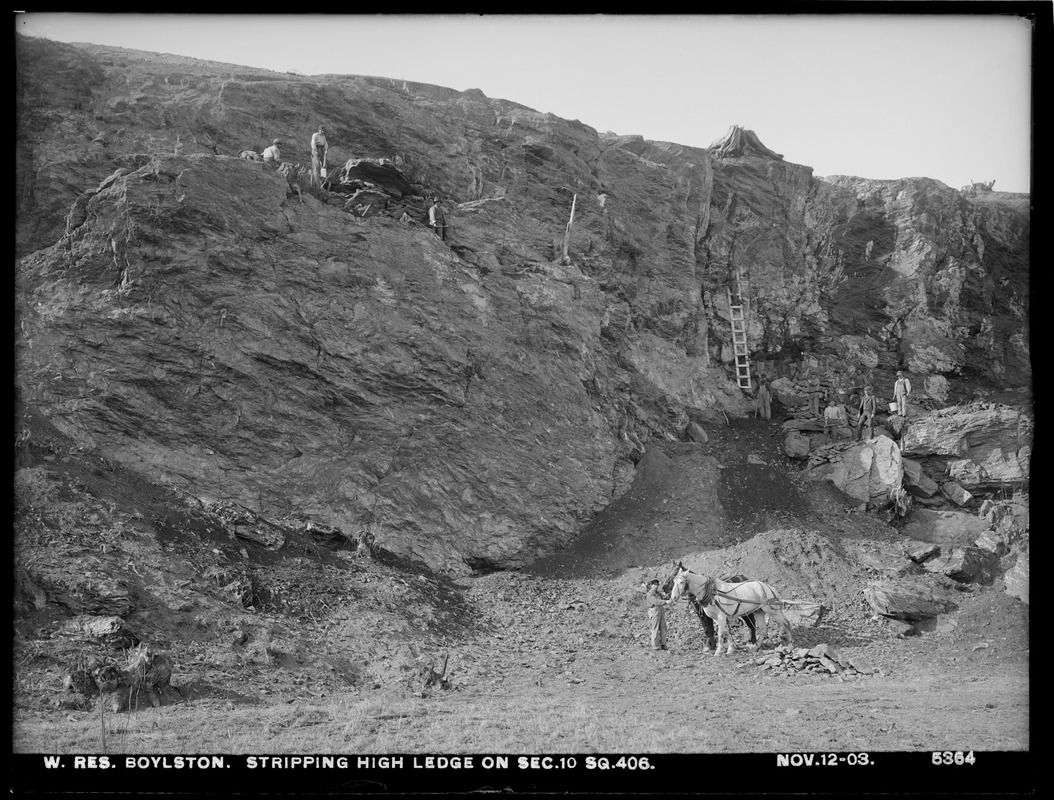 Wachusett Reservoir, stripping high ledge on Section 10, square 406, Boylston, Mass., Nov. 12, 1903