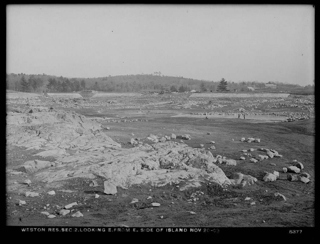 Weston Aqueduct, Weston Reservoir, Section 2, looking east from east side of island, Weston, Mass., Nov. 20, 1903