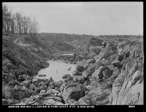 Weston Aqueduct, Weston Reservoir, Section 2, looking west through gorge north of island, Weston, Mass., Nov. 20, 1903