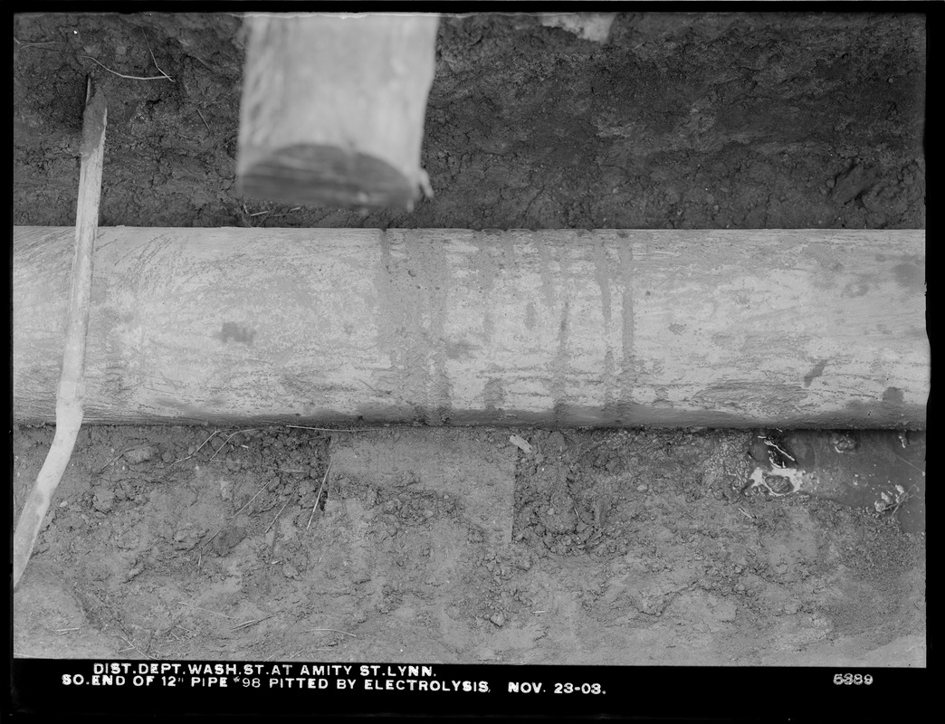 Electrolysis, Northern High Service Pipe Lines, Section 27, Washington Street at Amity Street, electrolytic pittings in south end of 12-inch pipe No. 98, Lynn, Mass., Nov. 23, 1903