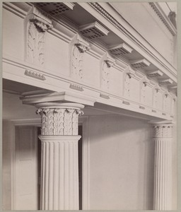 Old West Church, detail of carving on balcony & columns. Built 1806, Asher Benjamin, arch.
