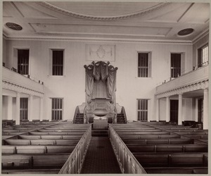 Old West Church, interior of church with pews and altar. Built 1806, Asher Benjamin, arch.