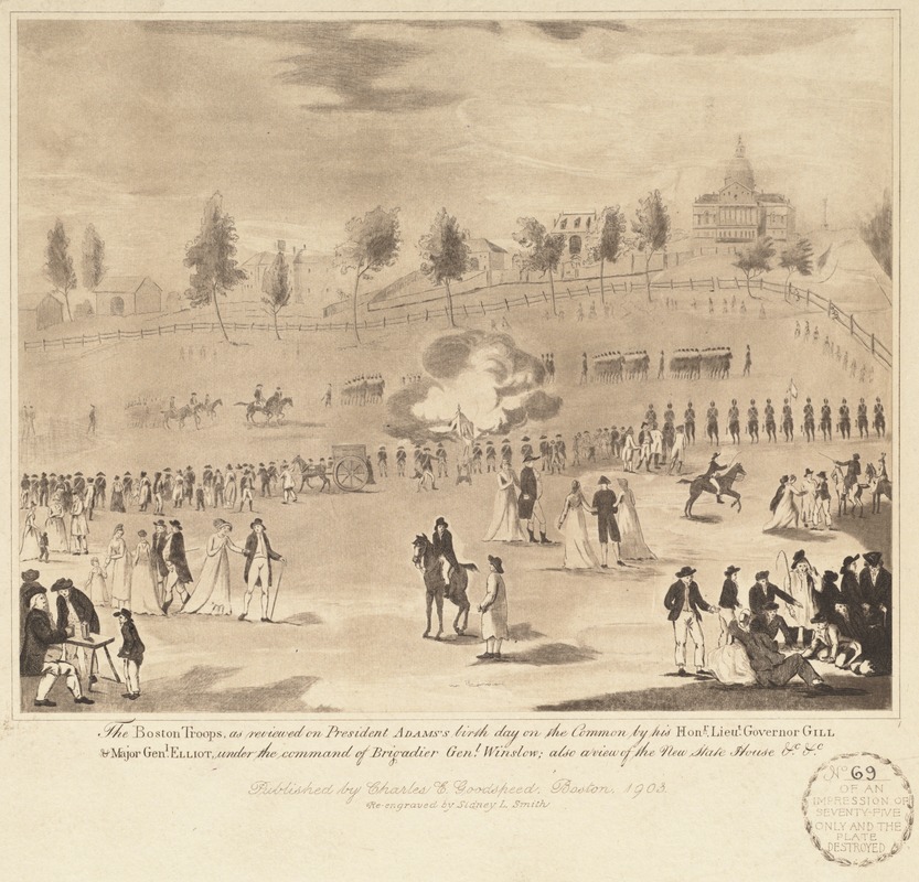 The Boston troops, as reviewed on President Adams's birth day [sic] on the Common by his Honr. Lieut. Governor Gill & Major Genl. Elliot, under the command of Brigadier Genl. Winslow. Also a view of the new State House