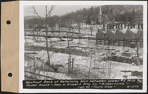 Washout back of retaining wall between lower #5 mill and boiler house, George H. Gilbert Manufacturing Co., Gilbertville, Hardwick, Mass., Jan. 22, 1940