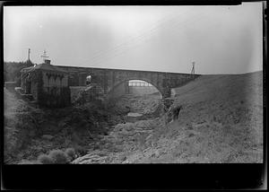 Wachusett Dam, upper end of waste channel, Lightning Arrester House, Railroad Bridge, looking upstream, Clinton, Mass., Aug. 1945