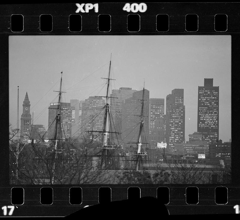USS Constitution & skyline from Charlestown, downtown Boston
