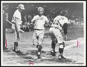 Just the Beginning - Don Fredricks scores first run for Craven Club in 11-1 victory over Supreme Saints to win Park League championship as on deck batter Neil McPhee watches and catcher Jim Laneau waits for throw.