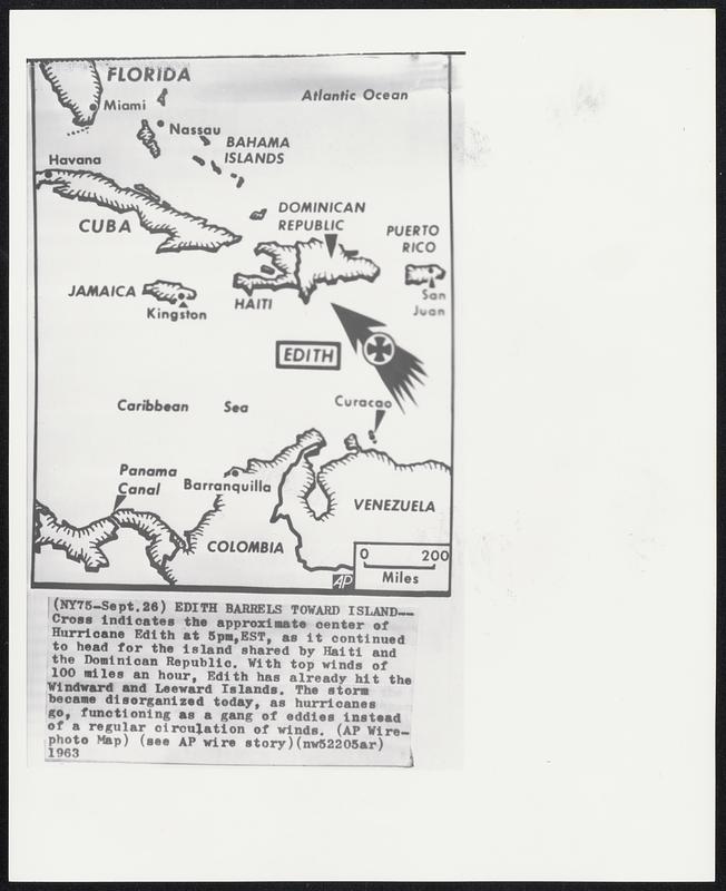 Edith Barrels Toward Island--Cross indicates the approximate center of Hurricane Edith at 5pm, EST, as it continued to head for the island shared by Haiti and the Dominican Republic. With top winds of 100 miles an hour, Edith has already hit the Windward and Leeward Islands. The storm became disorganized today, as hurricanes go, functioning as a gang of eddies instead of a regular circulation of winds.