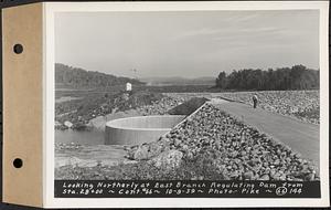 Contract No. 66, Regulating Dams, Middle Branch (New Salem), and East Branch of the Swift River, Hardwick and Petersham (formerly Dana), looking northerly at east branch regulating dam from Sta. 28+00, Hardwick, Mass., Oct. 9, 1939