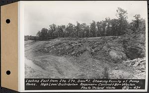 Contract No. 80, High Level Distribution Reservoir, Weston, looking east from Sta. 57+/-, dam 3, showing vicinity of pump house, high level distribution reservoir, Weston, Mass., Jul. 23, 1940