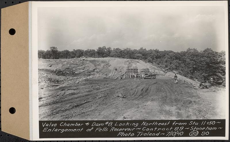 Contract No. 99, Enlargement of Fells High Level Distribution Reservoir, Stoneham, Malden, Melrose, valve chamber and dam 8, looking northeast from Sta. 11+50, enlargement of Fells Reservoir, Stoneham, Mass., Jul. 10, 1940