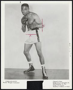Charlie Scott. Welter Weight Contender. Champ's Gym. Ridge Ave. & Dauphin St. Philadelphia 32, Pa. From 5 to 8 p.m. Baldwin 5-0464 & 5-9329.