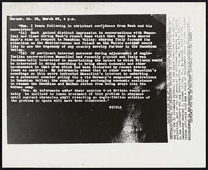 Secret Document in Spy Investigation- This is one of the 12 documents released by the House Committee on Un-American Activities, part of the 65 produced by Whittaker Chamber, key figure in the committee's Red spy investigation. This one, from the then U.S. Ambassador Anthony J. drexel Biddle, Jr., In Warsaw, tells of how Polish Officials told him a story of Mussolini's plans to avert German encroachment in the Danubian Valley.