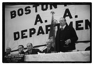 Boston Park Department function, Boston Parks Commissioner William Long seated in center