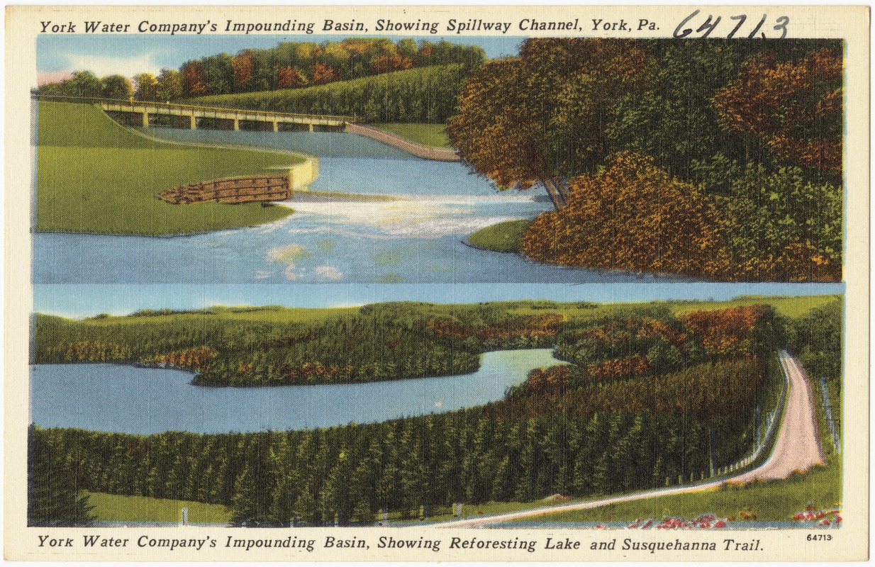 York Water Company's impounding basin, showing spillway channel, York, Pa., York Water Company’s impounding basin, showing Reforesting Lake and Susquehanna Trail.