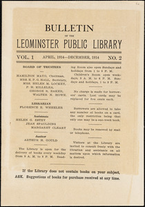 Leominster Public Library bulletin. V. 1, no. 1, April–December 1914