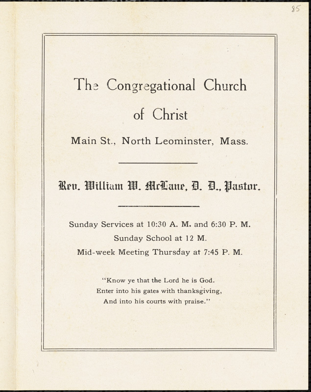 Congregational Church of Christ, North Leominster, calendar for the week of April 5, 1914