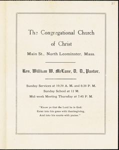 Congregational Church of Christ, North Leominster, calendar for the week of April 5, 1914