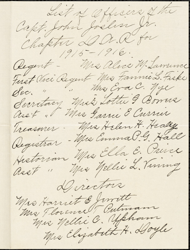 Daughters of the American Revolution (D.A.R.), Capt. John Joslin Jr. Chapter, Leominster