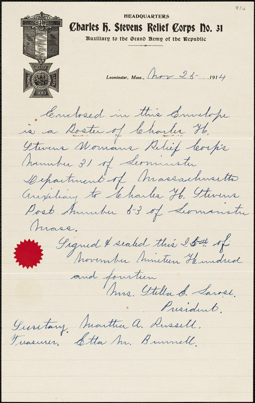 Charles H. Stevens Women’s Relief Corps #31, Leominster, handwritten note about roster of 1914 officers