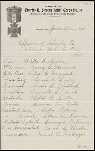 Charles H. Stevens Women’s Relief Corps #31, Leominster, list of 1915 officers, dated June 25, 1915