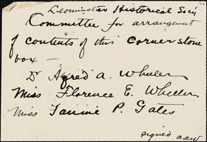 Hand-written note listing the Leominster Historical Society Committee for arrangement of contents of this cornerstone box