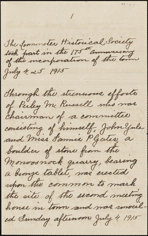 Handwritten account of the Leominster Historical Society s part in the Handwritten account of the Leominster Historical Society s part in the