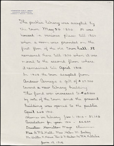 Leominster Public Library, brief handwritten history