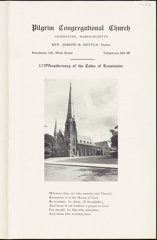 Pilgrim Congregational Church, calendars, July 4, 1915, marking Leominster’s 175th anniversary