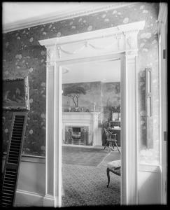 Salem, 142 Federal Street, interior detail, mantel, doorway, wallpaper, Captain Samuel Cook house
