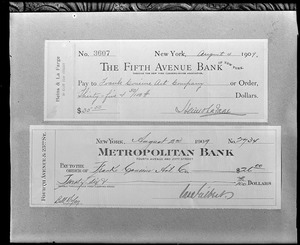 Salem, objects, checks paid to Frank Cousins Art Company in August, 1909