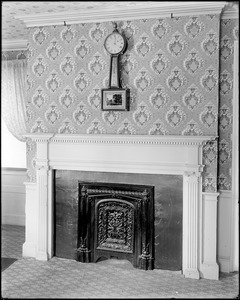 Salem, 31 Summer Street, interior detail, fireplace and banjo clock, Samuel McIntire house