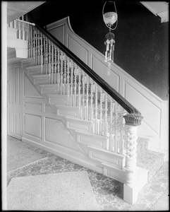 Salem, 46 Essex Street, interior detail, newel post and stairway, Christopher Babbidge house