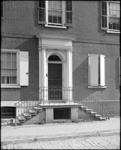 Philadelphia, Pennsylvania, 301 South 7th Street, exterior detail, door and wrought iron rail