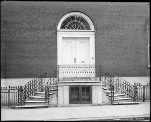 Philadelphia, Pennsylvania, 8th Street and Spruce Street, south east corner, exterior detail, door and ironwork fence, unknown house