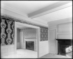 Salem, 168 Derby Street, Richard Derby house, eastern end, interior detail, wallpaper and fireplaces