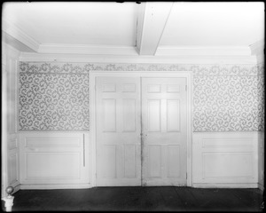 Salem, 168 Derby Street, interior detail, wallpaper and double doors, west front room, north side, Richard Derby house