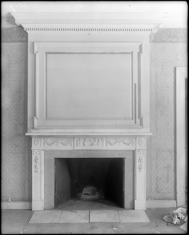 Jamaica Plain, 685 Centre Street, interior detail, mantel, marble, and panel, Penney-Hallet house